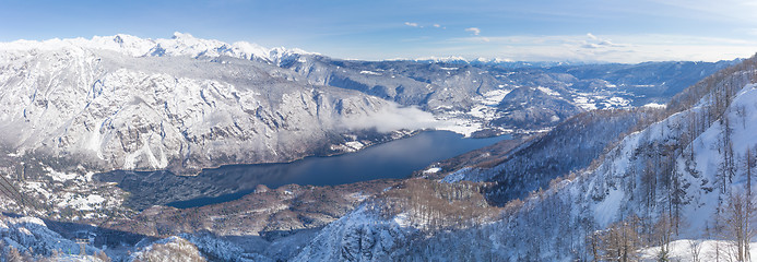 Image showing View of the Lake Bohinj and the surrounding mountains in winter.