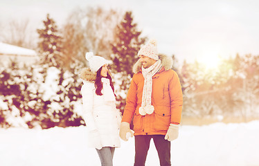 Image showing happy couple walking over winter background