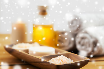 Image showing soap, himalayan salt and scrub in wooden bowl