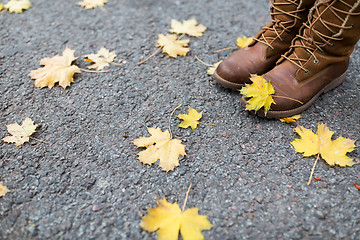 Image showing female feet in boots and autumn leaves