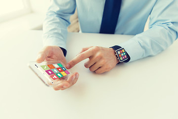 Image showing close up of hands with smart phone and watch