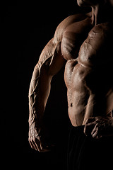 Image showing torso of attractive male body builder on black background.