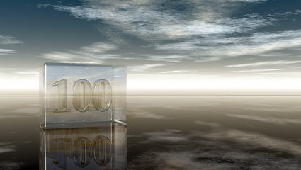 Image showing number one hundred in glass cube under cloudy sky - 3d rendering