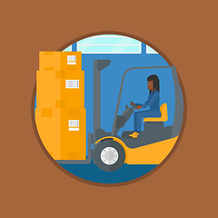 Image showing Warehouse worker moving load by forklift truck.