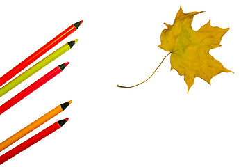 Image showing Colour pencils and maple leaf