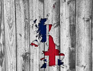 Image showing Map and flag of Great Britain on wood,