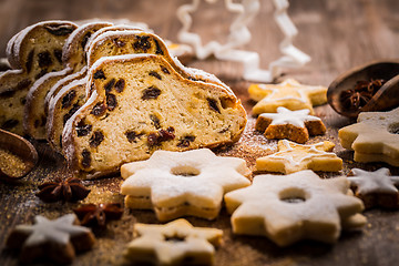 Image showing Christmas stollen with cookies