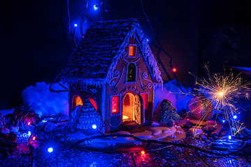 Image showing Gingerbread house with lights