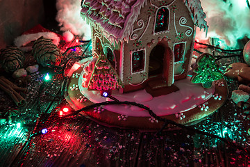 Image showing Gingerbread house with lights