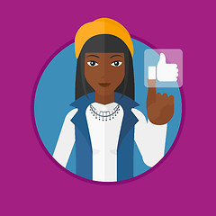 Image showing Woman pressing like button vector illustration.
