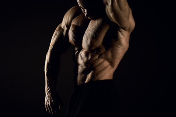 Image showing torso of attractive male body builder on black background.