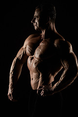 Image showing torso of attractive male body builder on black background.