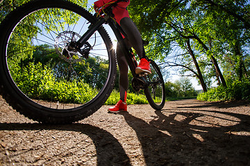 Image showing Young woman having fun riding a bicycle in the park.