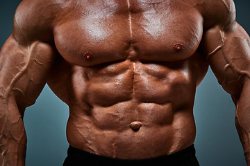 Image showing torso of attractive male body builder on gray background.