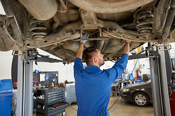 Image showing mechanic man or smith repairing car at workshop