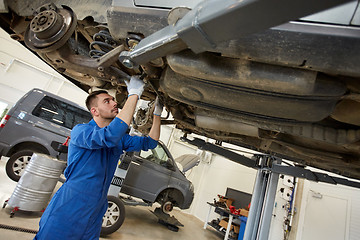 Image showing mechanic man or smith repairing car at workshop