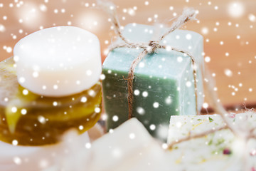 Image showing close up of handmade soap bars on wood