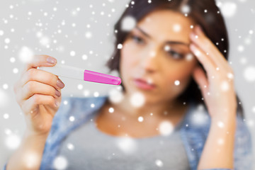 Image showing close up of sad woman with home pregnancy test