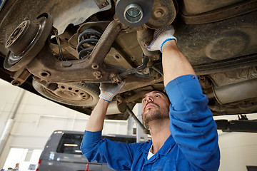 Image showing mechanic man or smith repairing car at workshop