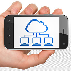 Image showing Cloud computing concept: Hand Holding Smartphone with Cloud Network on display