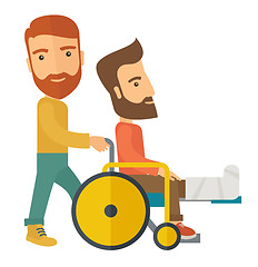 Image showing Man pushing the wheelchair with broken leg patient.