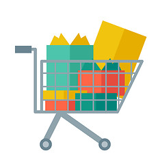 Image showing Shopping cart full of shopping bags and gift boxes. 