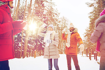 Image showing happy friends playing snowball in winter forest