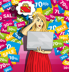 Image showing Vector woman buy Christmas gifts online