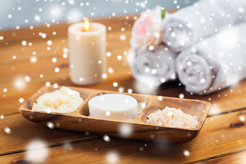 Image showing soap, himalayan salt and scrub in bowl