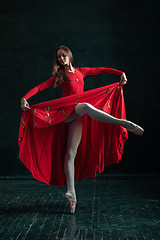 Image showing Ballerina posing in pointe shoes at black wooden pavilion
