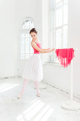 Image showing Ballerina posing in pointe shoes at white wooden pavilion