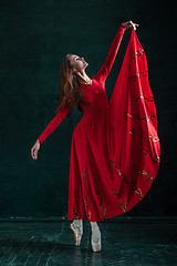 Image showing Ballerina posing in pointe shoes at black wooden pavilion