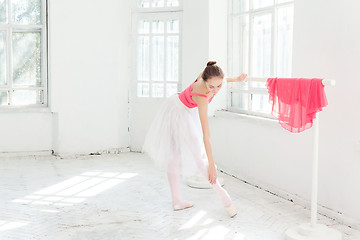 Image showing Ballerina posing in pointe shoes at white wooden pavilion