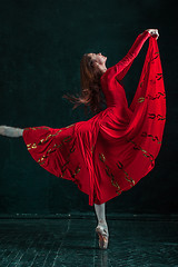 Image showing Ballerina posing in pointe shoes at black wooden pavilion