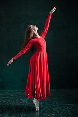 Image showing Ballerina posing in pointe shoes at black wooden pavilion