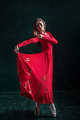 Image showing Ballerina posing in pointe shoes at black wooden pavilion