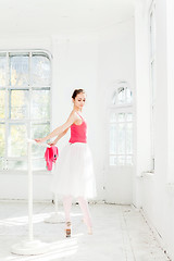 Image showing Ballerina posing in pointe shoes at white wooden pavilion