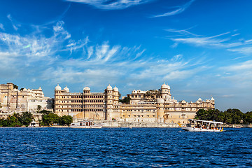 Image showing City Palace view from the lake. Udaipur, Rajasthan, India