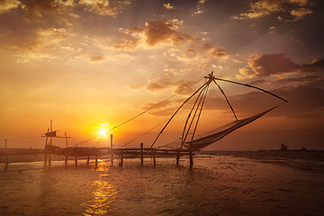 Image showing Chinese fishnets on sunset. Kochi, Kerala, India