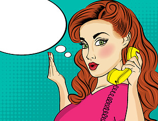 Image showing Pop art  woman chating on retro phone . Comic woman with speech 