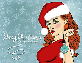 Image showing Pop art Santa girl. Pin up Santa girl. Santa Girl with speech bu