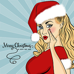 Image showing Pop art Santa girl. Pin up Santa girl.  Christmas card