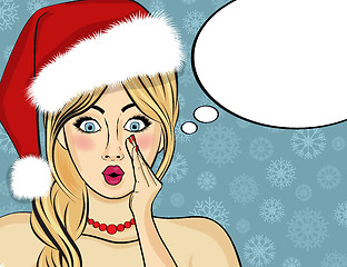 Image showing Pop art Santa girl. Pin up Santa girl. Santa Girl with speech bu