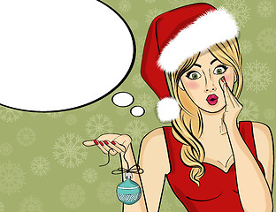 Image showing Pop art Santa girl. Pin up Santa girl. Santa Girl with speech bu