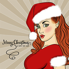 Image showing Pop art Santa girl. Pin up Santa girl. Christmas card