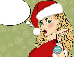Image showing Pop art Santa girl. Pin up Santa girl. Santa Girl with speech bu