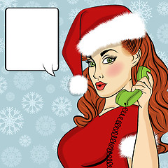 Image showing Pop art Santa girl. Pin up Santa girl. Santa Girl with speech bu