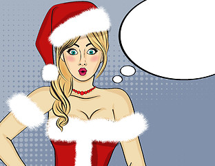 Image showing Pop art Santa girl. Pin up Santa girl. Santa Girl with speech bu