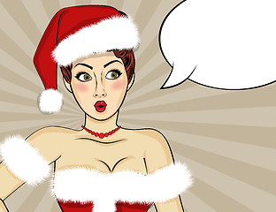 Image showing Pop art Santa girl. Pin up Santa girl. Santa Girl with speech bu