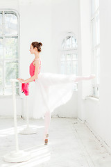 Image showing Ballerina posing in pointe shoes at white wooden pavilion